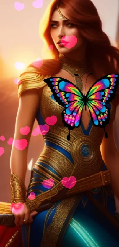 Fantasy warrior with butterfly art design, vibrant colors in a sunset setting.