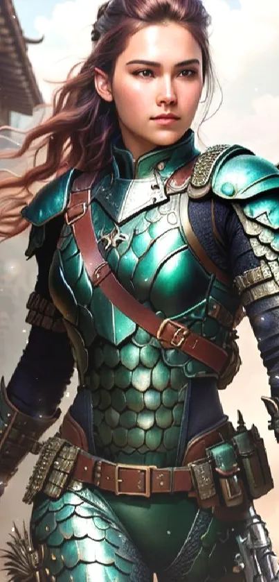 Epic fantasy warrior in emerald armor.