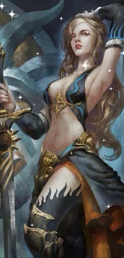 Epic fantasy warrior mobile wallpaper with a mystical background.