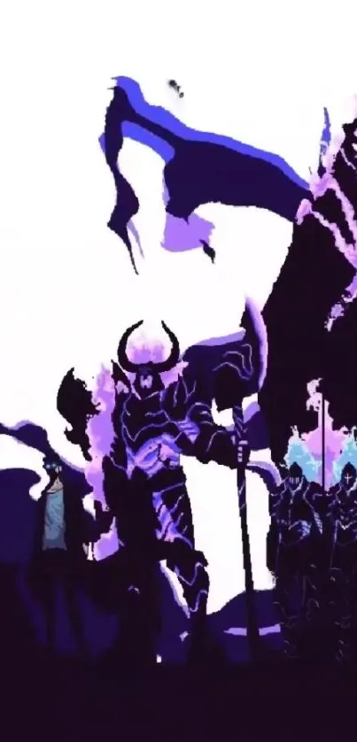 Epic fantasy warrior in vibrant purple hues, standing in a mystical battle scene.