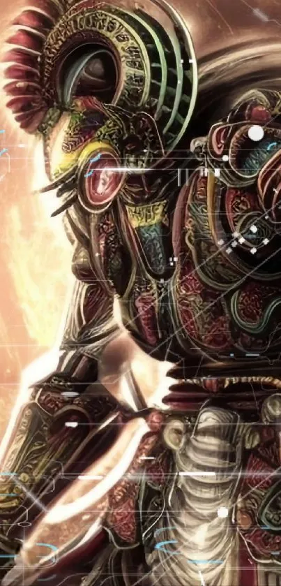 Epic warrior in detailed bronze armor with vibrant background.