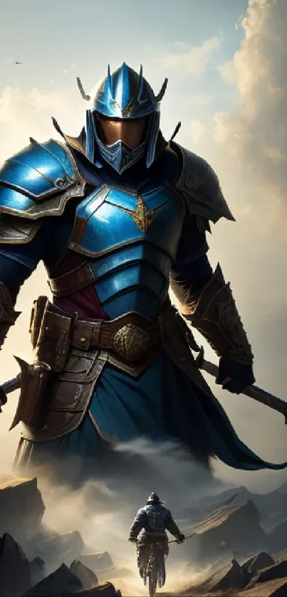 Epic warrior in blue armor with fantasy landscape.