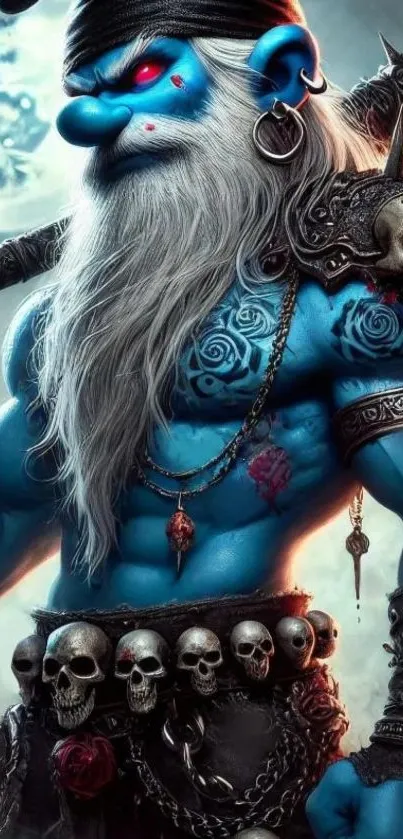 Fantasy warrior with blue skin and intricate armor, holding a spiked weapon.