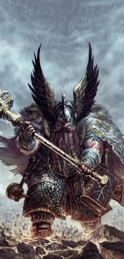 Majestic fantasy warrior with wings and armor against cloudy sky.