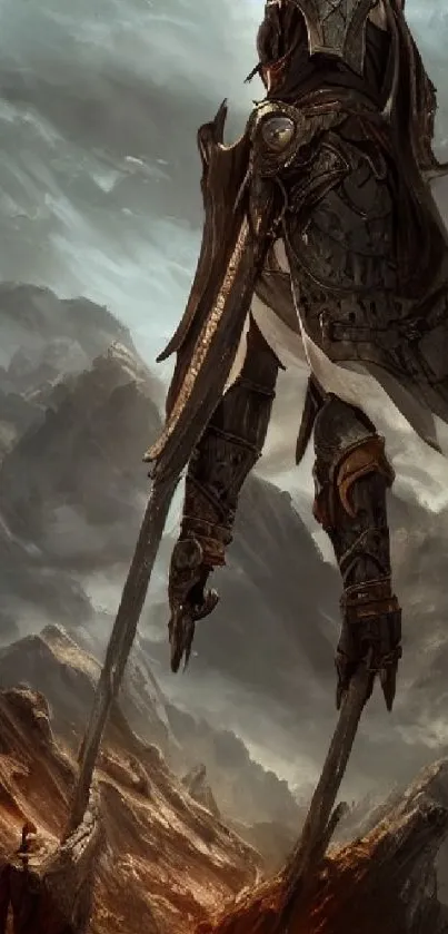 Epic fantasy warrior on dramatic mountain landscape.