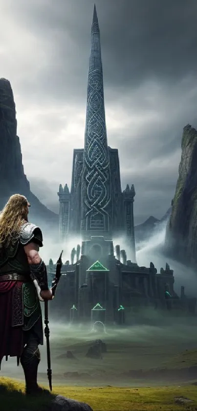 Warrior stands before mystical tower amidst misty mountains.