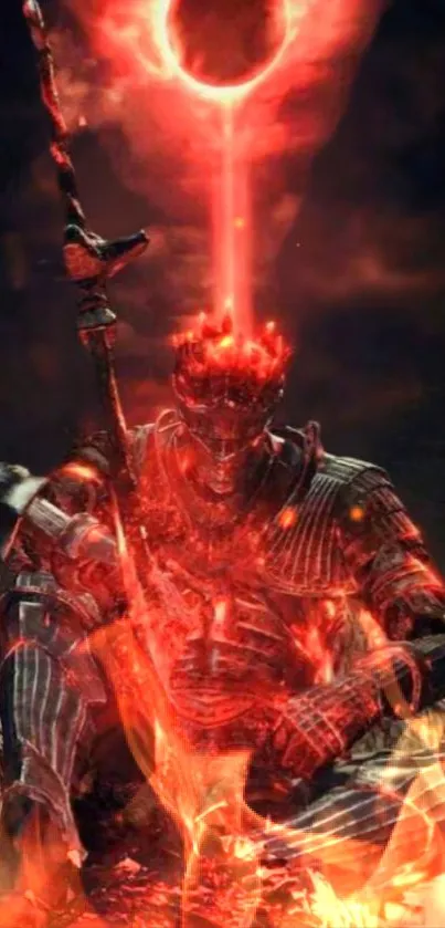 Fantasy warrior in molten red light with fiery effects.