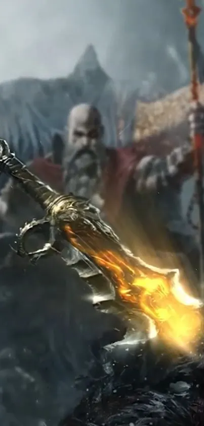 Epic fantasy warrior holding a flaming sword, perfect for mobile wallpaper.