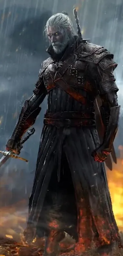 Epic fantasy warrior with sword in stormy backdrop.