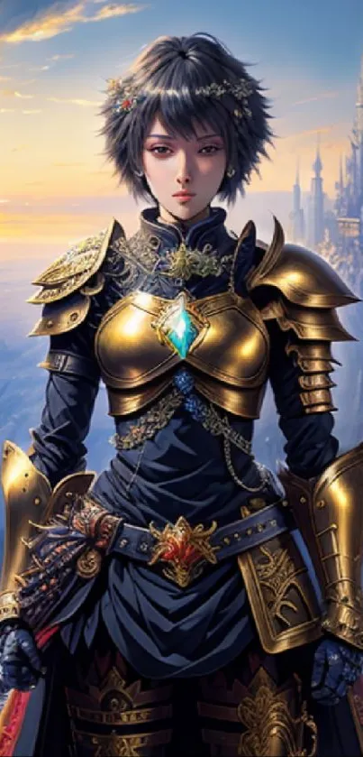 Fantasy warrior in golden armor with mystical castle in background.