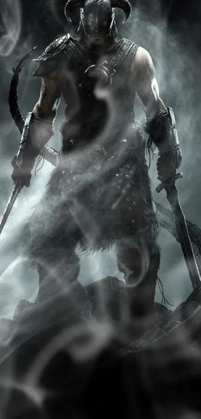 Epic fantasy warrior in smoke with dark background.