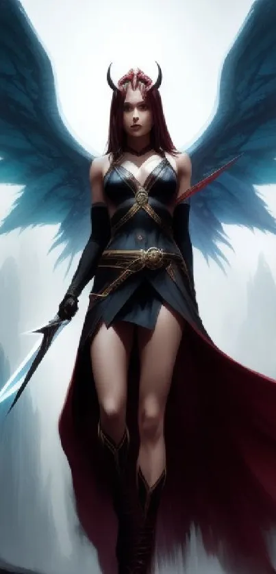 Fantasy warrior with wings in epic landscape.