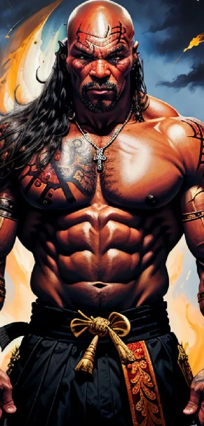 Epic fantasy warrior with flames and tattoos on a dynamic mobile wallpaper.