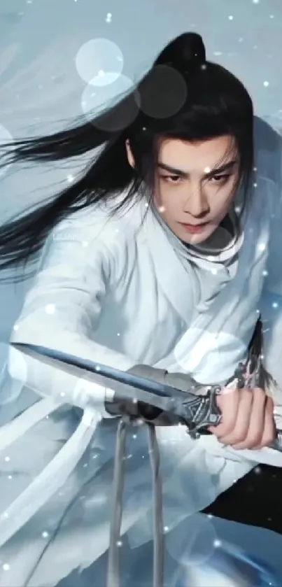 Fantasy warrior with sword in action pose.
