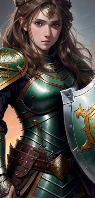 Epic female warrior in green armor, holding a shield, ready for battle.