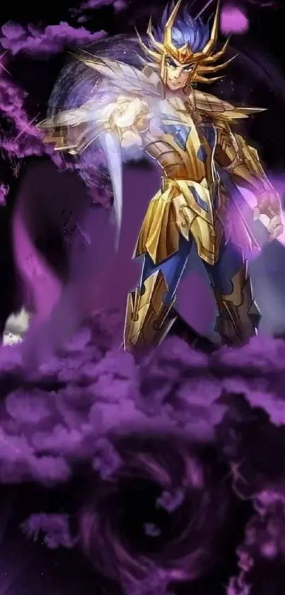 Epic warrior in golden armor with vibrant purple vortex background.