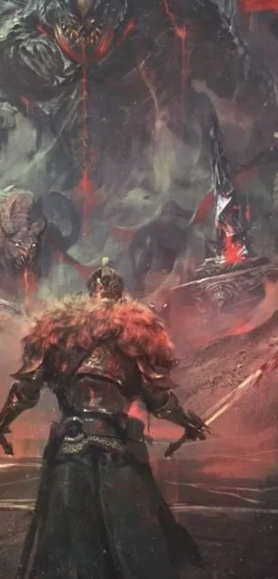 Epic fantasy warrior stands before a giant, amidst fiery ruins.