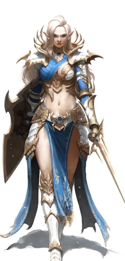 Epic female warrior in blue armor with a sword, fantasy art wallpaper.