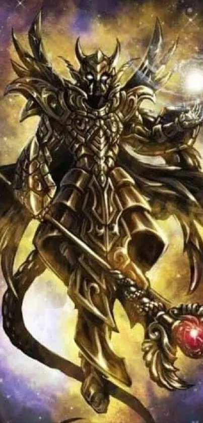 Epic fantasy warrior in golden armor with cosmic backdrop.