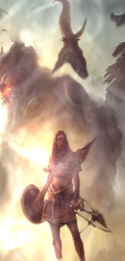 Epic warrior in mystical light with fantasy creature.