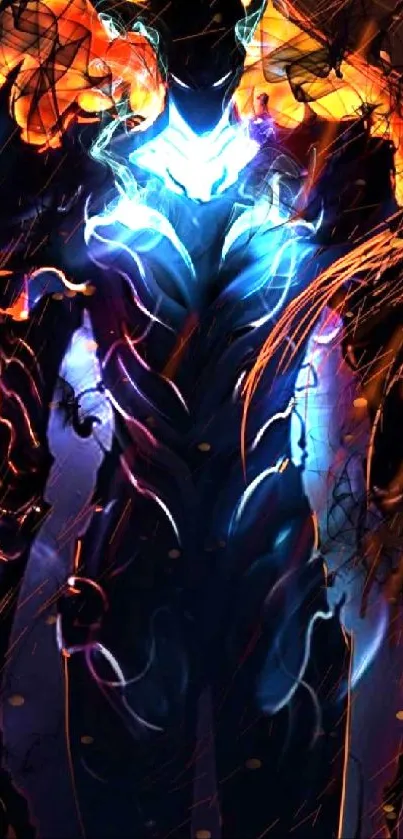 Epic fantasy warrior with blue glow and fiery backdrop.