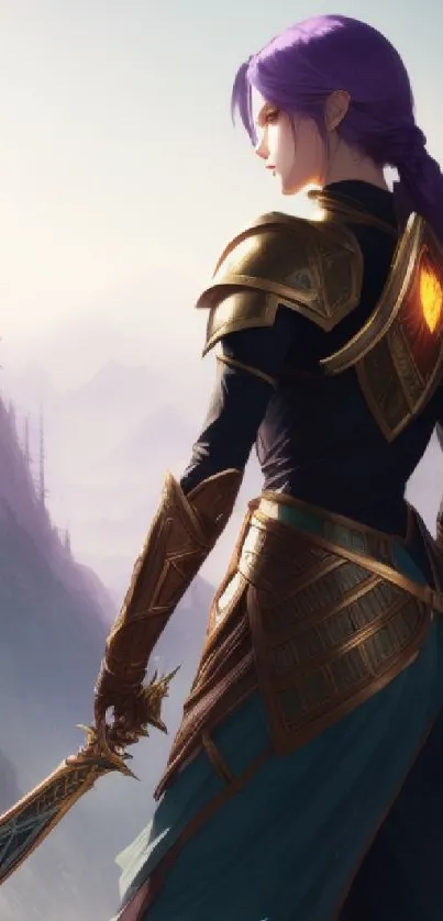 Purple-haired fantasy warrior in golden armor with mountains in background.