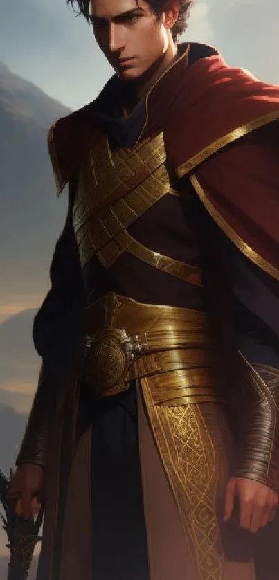 Fantasy warrior with golden armor and red cape against a mountain backdrop.