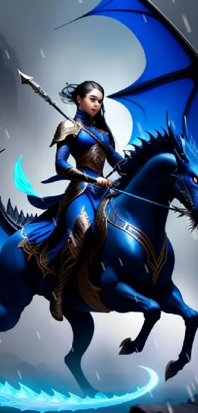 Fantasy warrior on blue dragon mobile wallpaper.