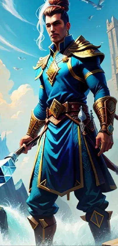 Fantasy warrior in blue armor with castle backdrop.