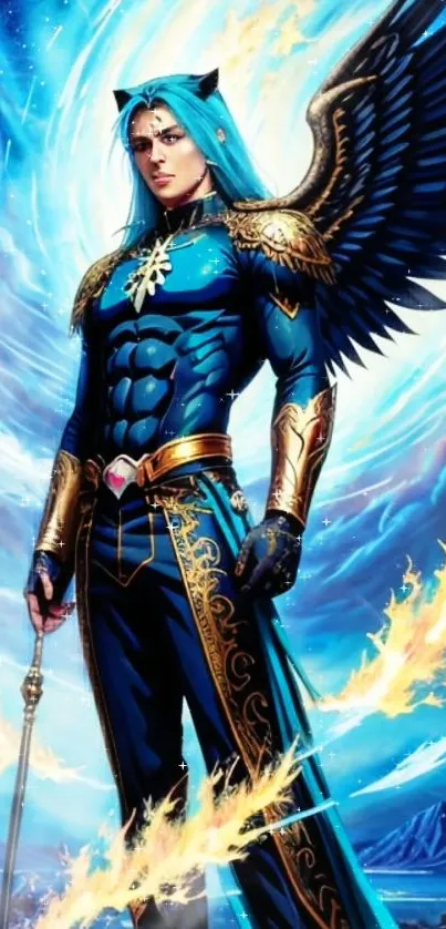 Epic fantasy warrior with wings and blue background mobile wallpaper.