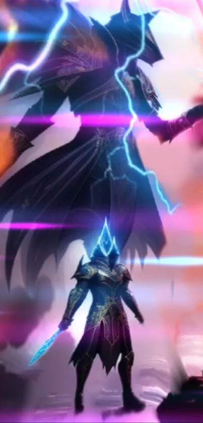 Epic fantasy warrior with purple hues and electric blue lightning in dynamic wallpaper.