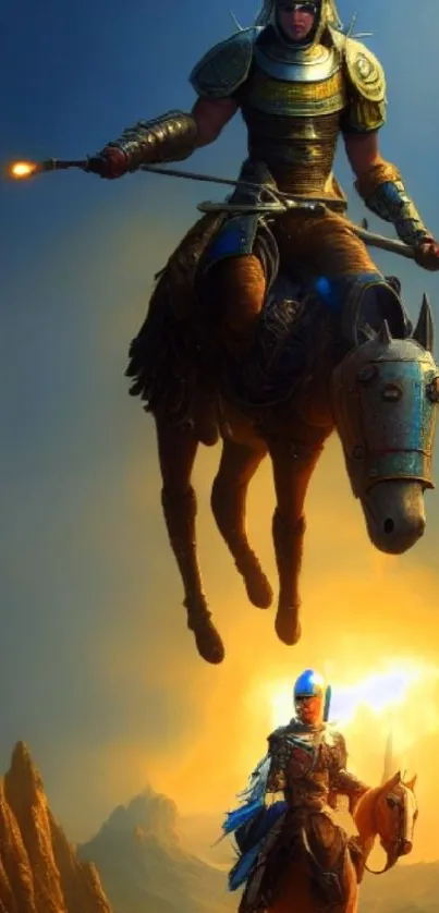 Epic fantasy wallpaper with warriors on horseback against a golden sunrise.