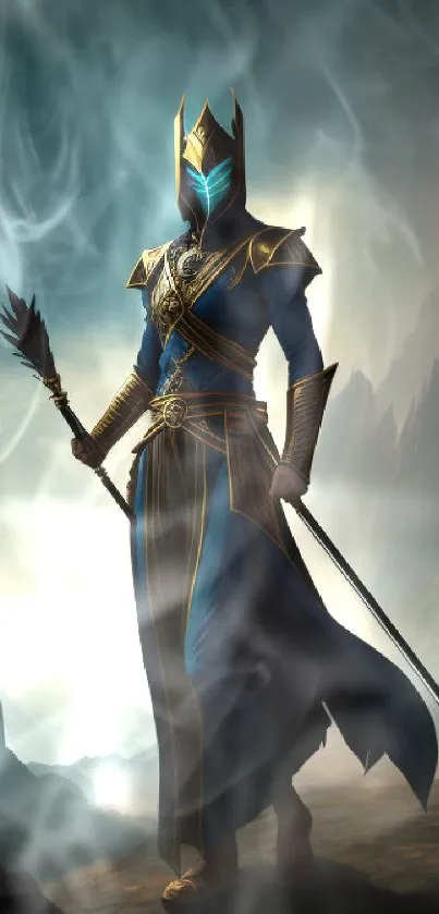 Epic fantasy warrior in dark blue armor in a mystical mountain landscape.