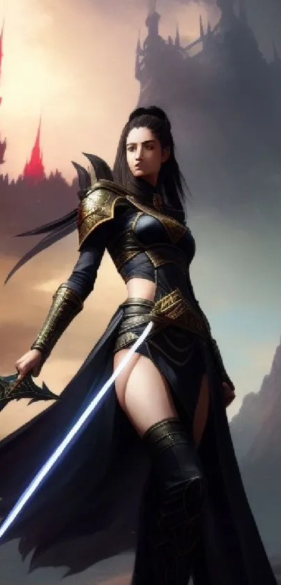 Epic female warrior in dark fantasy setting.