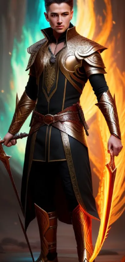 Epic fantasy warrior with fiery swords, mystical background.