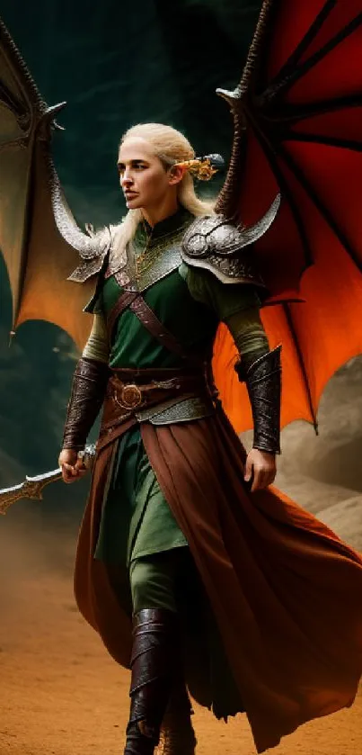 Epic fantasy warrior with vibrant dragon wings in mystical setting.