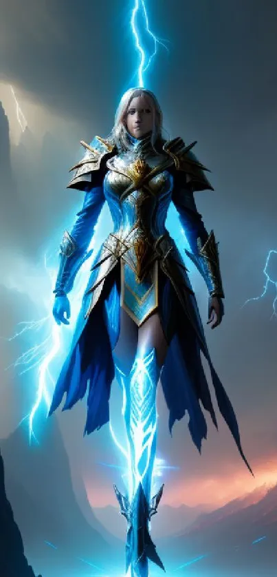 Fantasy warrior in blue armor with lightning in a mystical landscape.