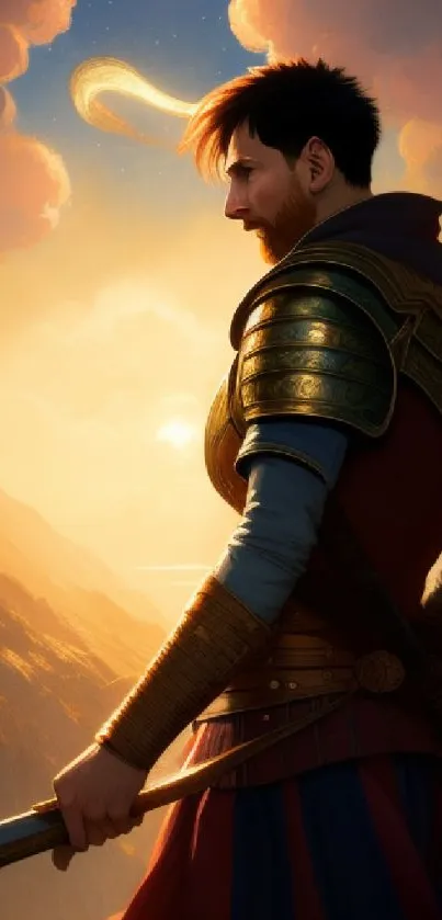 Epic fantasy warrior stands at sunset with a glowing sky.