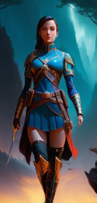 Epic fantasy warrior in blue armor against a mystical backdrop.