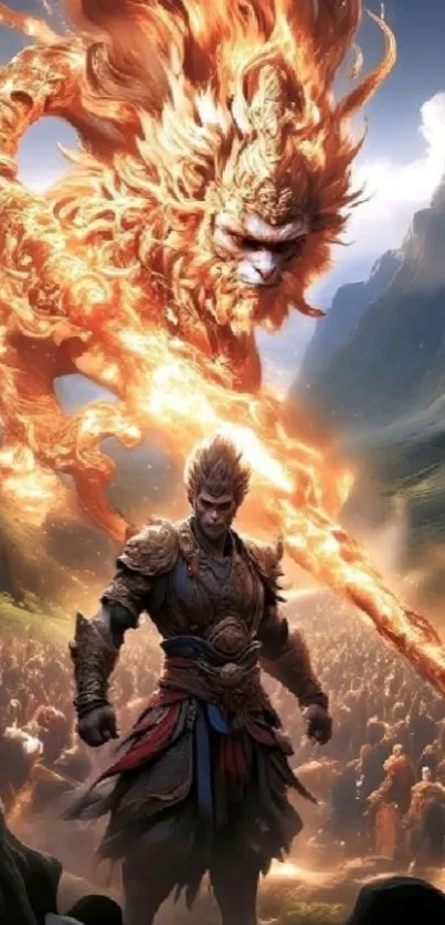 Epic fantasy scene with a warrior and fiery creature set against a bright landscape.