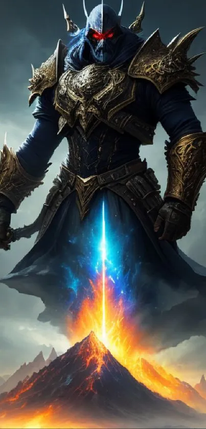 Epic fantasy warrior standing over fiery volcano.