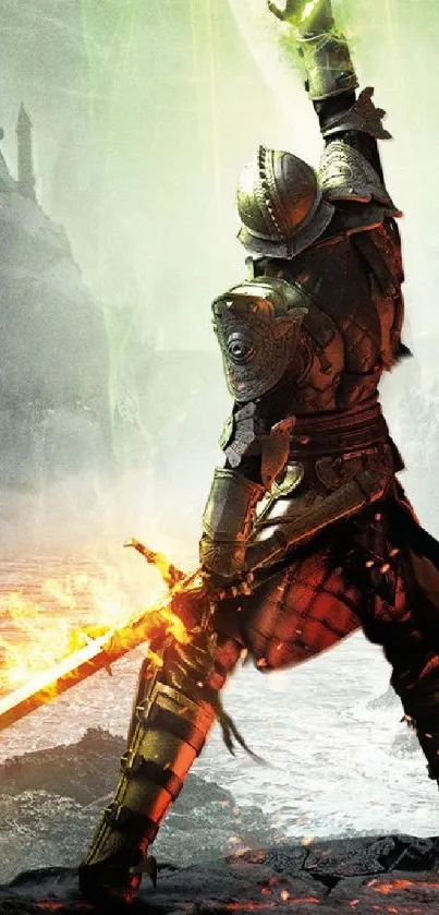 Epic warrior in armor with fiery sword, fantasy setting.