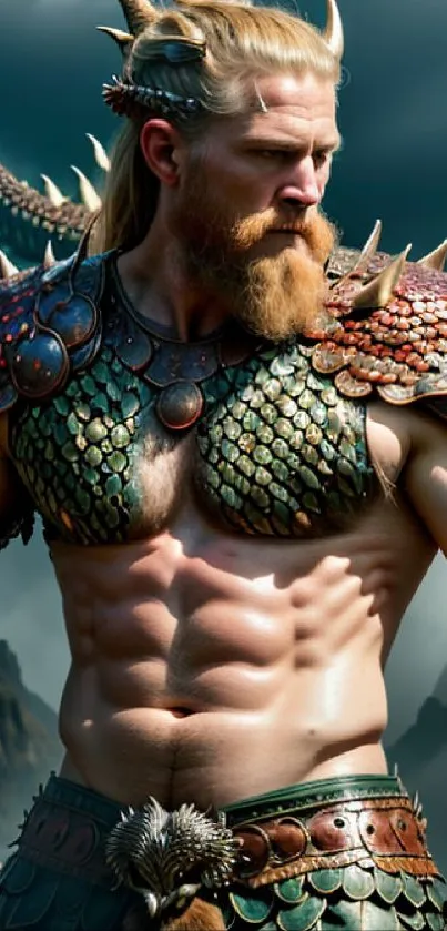 Fantasy warrior in intricate dragon armor with mountainous backdrop.