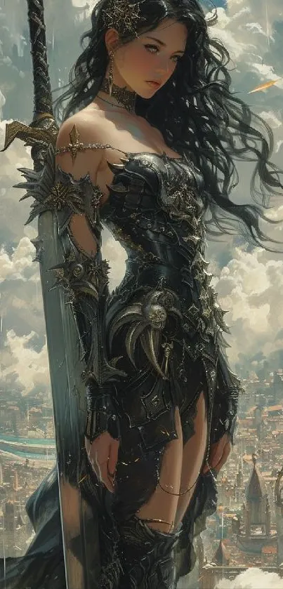 Epic fantasy warrior in armor with a cloudy city backdrop.