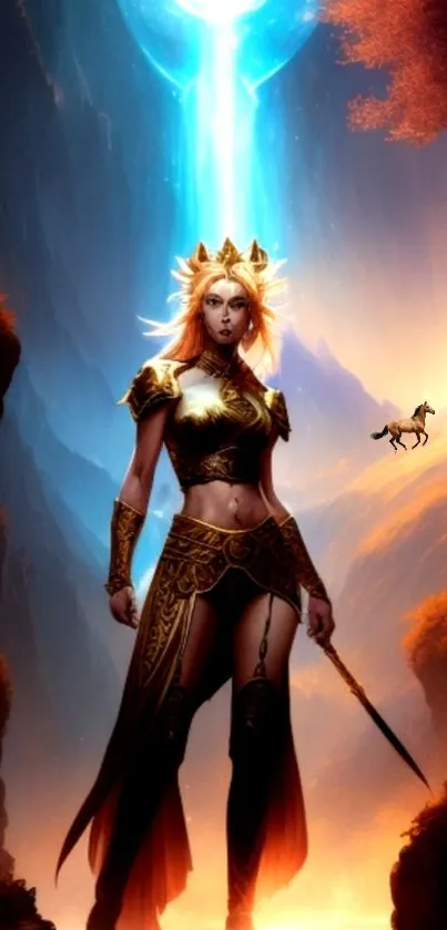 Epic fantasy warrior in a mystical, vibrant landscape with dramatic lighting.
