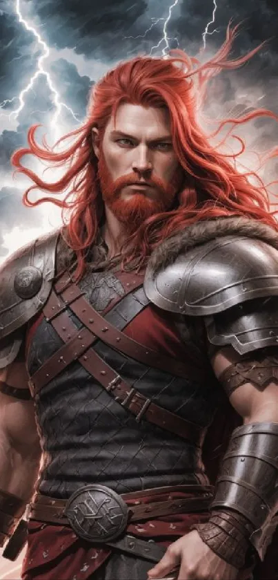 Epic fantasy warrior with red hair and armor under a stormy sky.