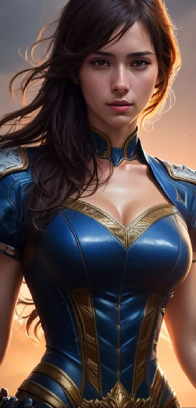 Epic warrior woman in detailed armor against a dramatic sky.