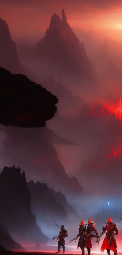 Epic warriors beneath fiery red mountains in a dramatic fantasy landscape.