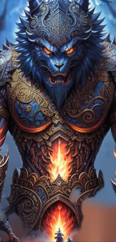 Epic fantasy werewolf with fiery armor on a mobile wallpaper.