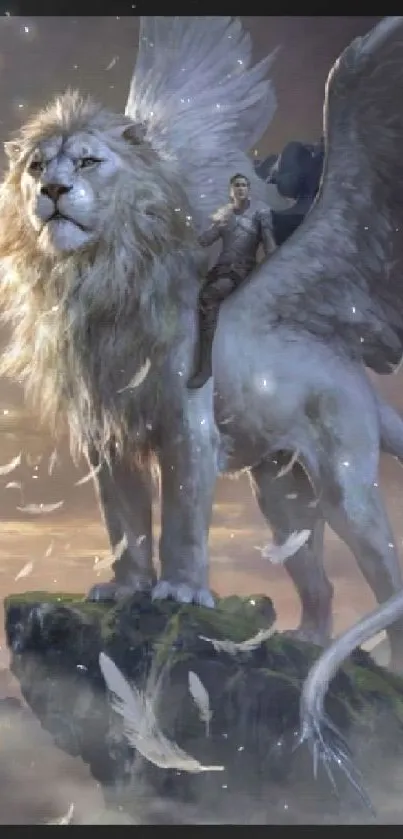 Winged lion with rider in epic fantasy setting on mobile wallpaper.